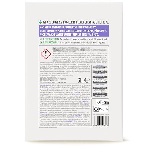 Ecover Colour Washing Powder Concentrate Lavender (3 kg / 40 Washes), Colour Detergent with Plant-Based Ingredients, Detergent Powder for Naturally Pure Coloured Washes, 3 kg