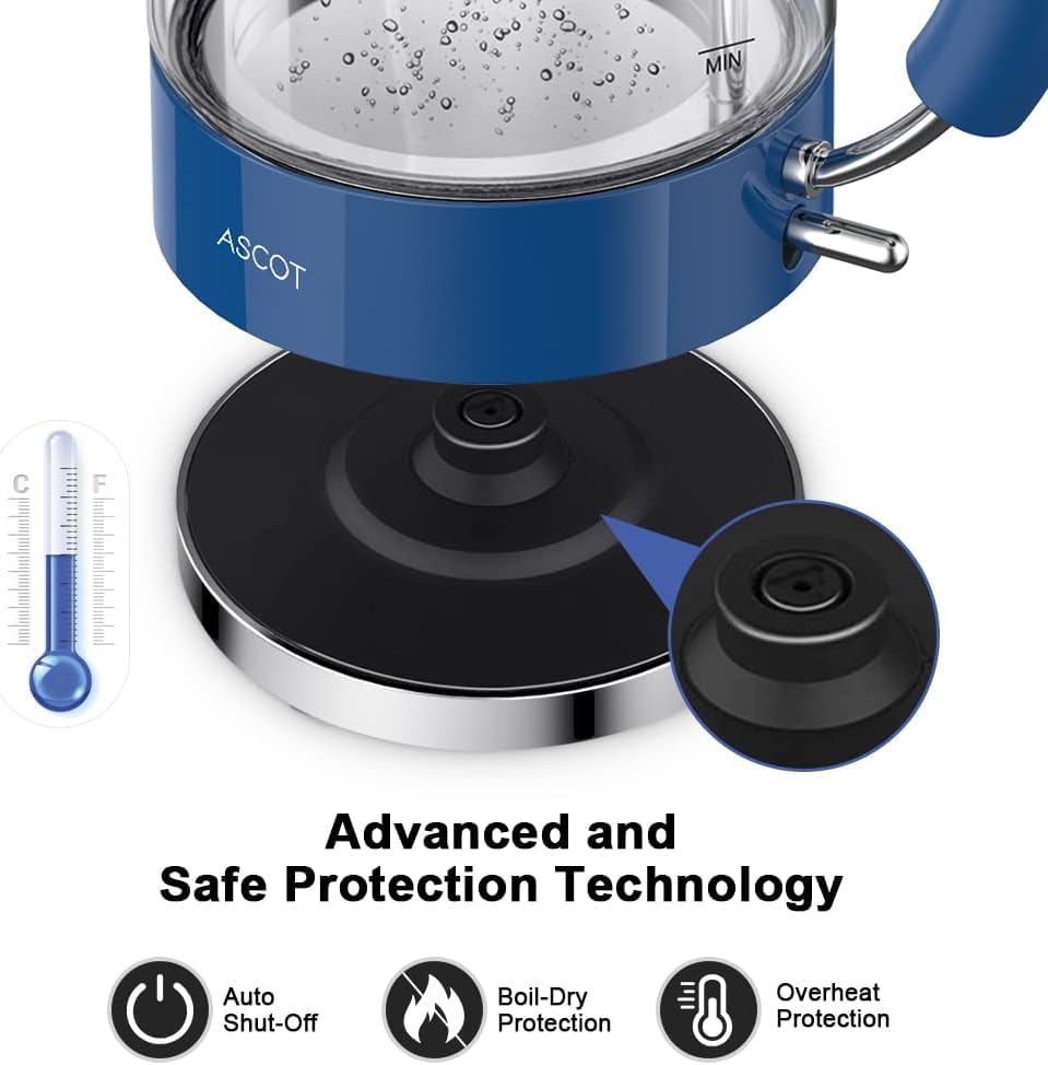 ASCOT Wasserkocher Glas, Elektrischer Wasserkocher Geschenke für Männer/Frauen/Familie 1,5L Schnellkochkessel, Trockengehschutz und automatische Abschaltung (Silber)