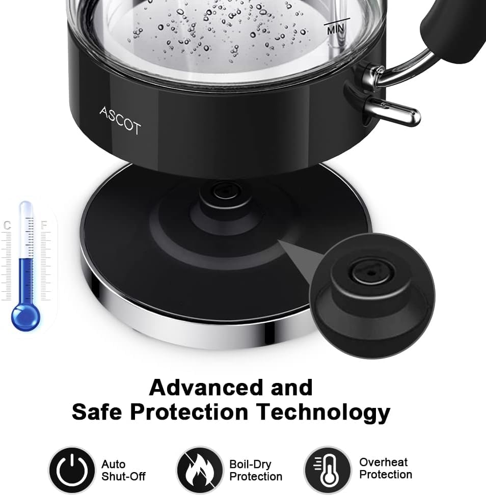 ASCOT Wasserkocher Glas, Elektrischer Wasserkocher Geschenke für Männer/Frauen/Familie 1,5L Schnellkochkessel, Trockengehschutz und automatische Abschaltung (Silber)