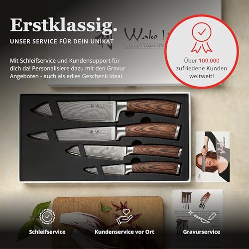 Wakoli EDIB 4-teiliges Küchenmesser Set aus Damaststahl (VG10 Kern) in edler Geschenkbox – Scharfes Damastmesser Set mit Pakkaholzgriffen – Messerset mit 2x Santoku, Fleischmesser & Officemesser