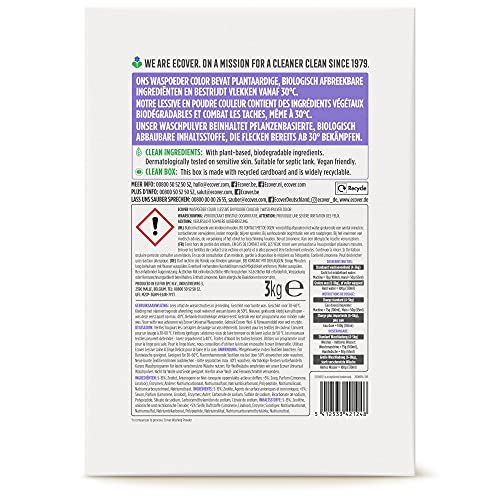 Ecover Colour Washing Powder Concentrate Lavender (3 kg / 40 Washes), Colour Detergent with Plant-Based Ingredients, Detergent Powder for Naturally Pure Coloured Washes, 3 kg