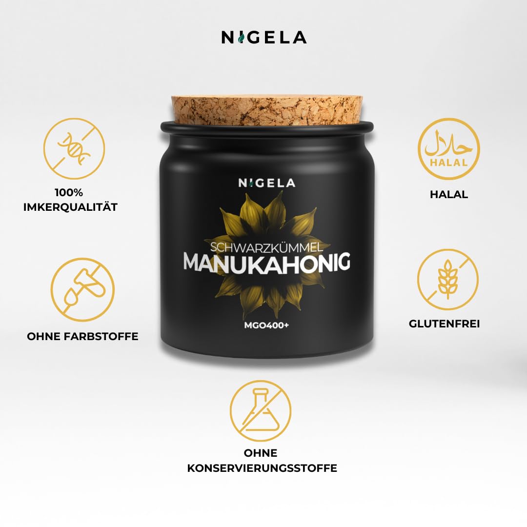 Nigela Manuka Honey MGO 400+ with Black Cumin Oil - Real Wound Healing Honey with High Thymoquinone Content - Certified & Laboratory Tested Manuka Honey from New Zealand - 160 g