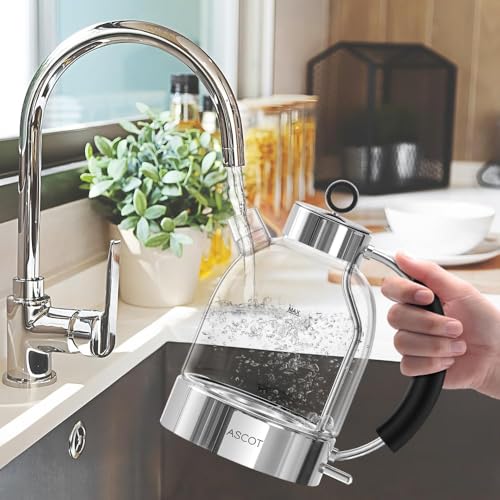 ASCOT Wasserkocher Glas, Elektrischer Wasserkocher Geschenke für Männer/Frauen/Familie 1,5L Schnellkochkessel, Trockengehschutz und automatische Abschaltung (Silber)