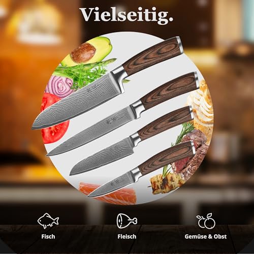 Wakoli EDIB 4-teiliges Küchenmesser Set aus Damaststahl (VG10 Kern) in edler Geschenkbox – Scharfes Damastmesser Set mit Pakkaholzgriffen – Messerset mit 2x Santoku, Fleischmesser & Officemesser