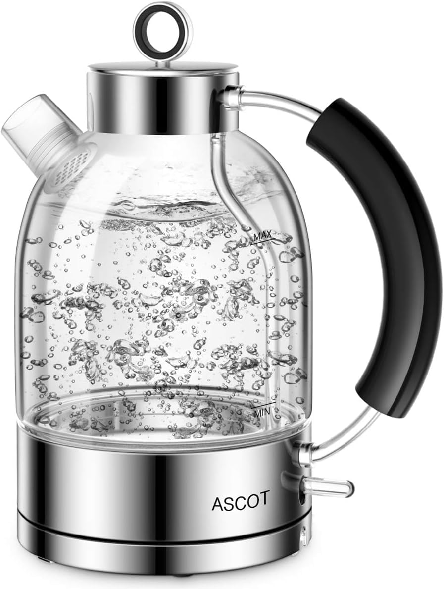 ASCOT Wasserkocher Glas, Elektrischer Wasserkocher Geschenke für Männer/Frauen/Familie 1,5L Schnellkochkessel, Trockengehschutz und automatische Abschaltung (Silber)