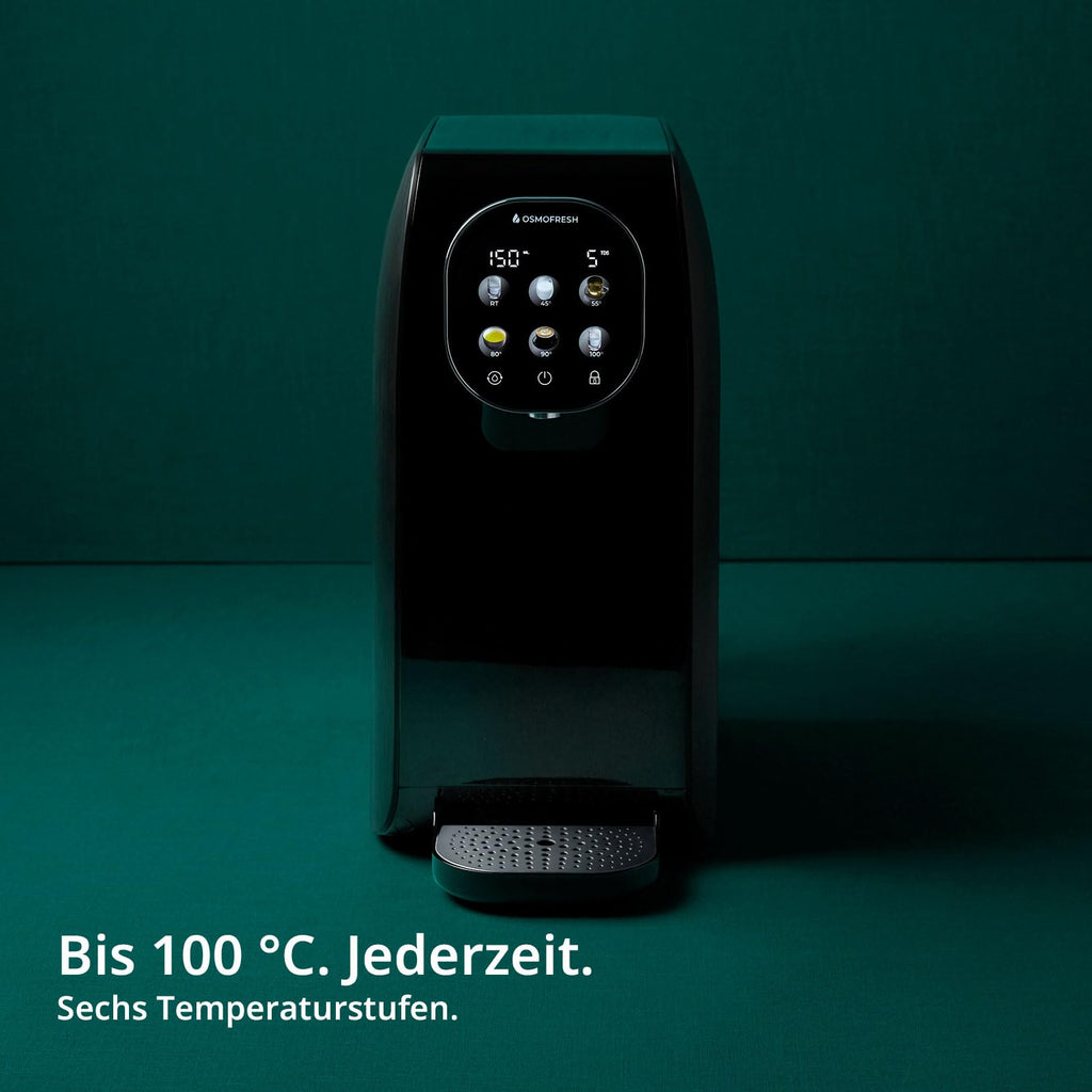 OsmoFresh Auftisch Osmoseanlage Quella Pro Black | mit Heißwasserspender | 6 Temperaturstufen | 7-Fach Umkehrosmose Filterung | Wasserfilter für Küche Büro Wohnmobil | kalkfreies Trinkwasser | UV
