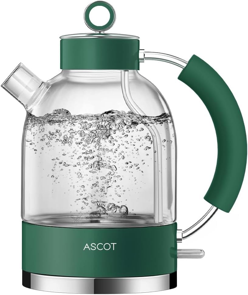 ASCOT Wasserkocher Glas, Elektrischer Wasserkocher Geschenke für Männer/Frauen/Familie 1,5L Schnellkochkessel, Trockengehschutz und automatische Abschaltung (Silber)