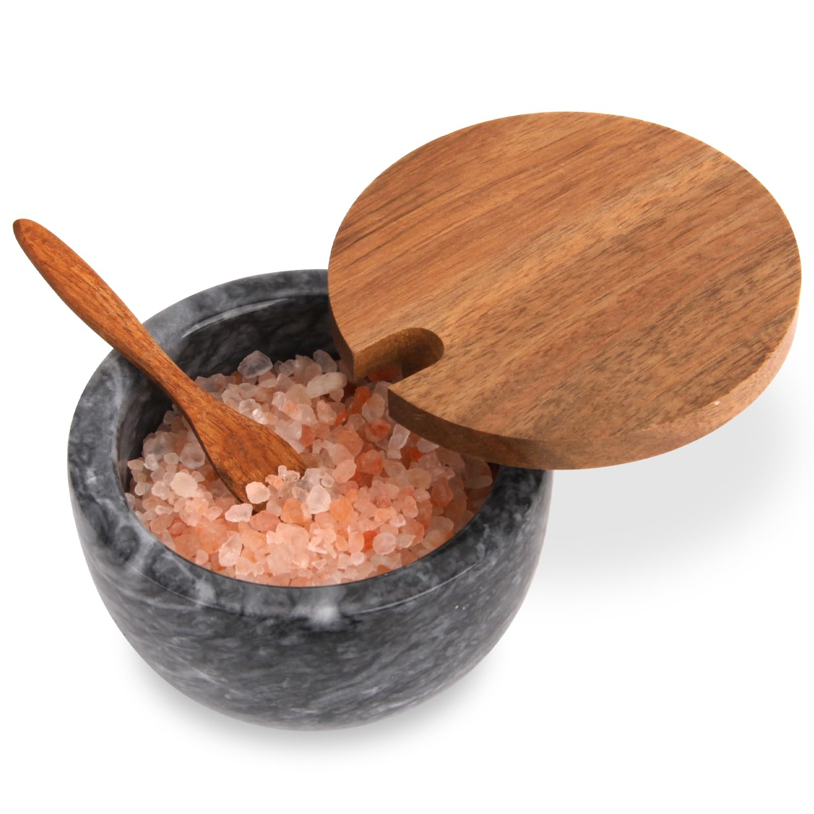 Salzdose Marmor mit Holzdeckel und Löffel Salz- oder Pfefferstreuerschale aus Stein, Salzstreuer, Salzbehälter Gewürzbehälter, Behälter, Behälterhalter, Behälter für die Küche (Schwarze Schüssel)