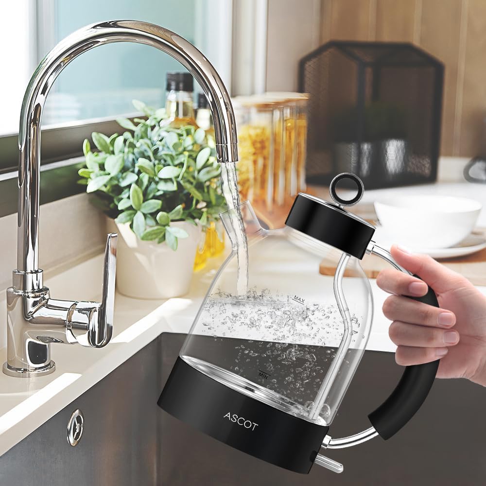 ASCOT Wasserkocher Glas, Elektrischer Wasserkocher Geschenke für Männer/Frauen/Familie 1,5L Schnellkochkessel, Trockengehschutz und automatische Abschaltung (Silber)