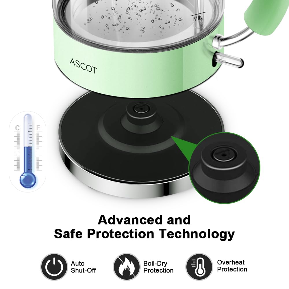 ASCOT Wasserkocher Glas, Elektrischer Wasserkocher Geschenke für Männer/Frauen/Familie 1,5L Schnellkochkessel, Trockengehschutz und automatische Abschaltung (Silber)