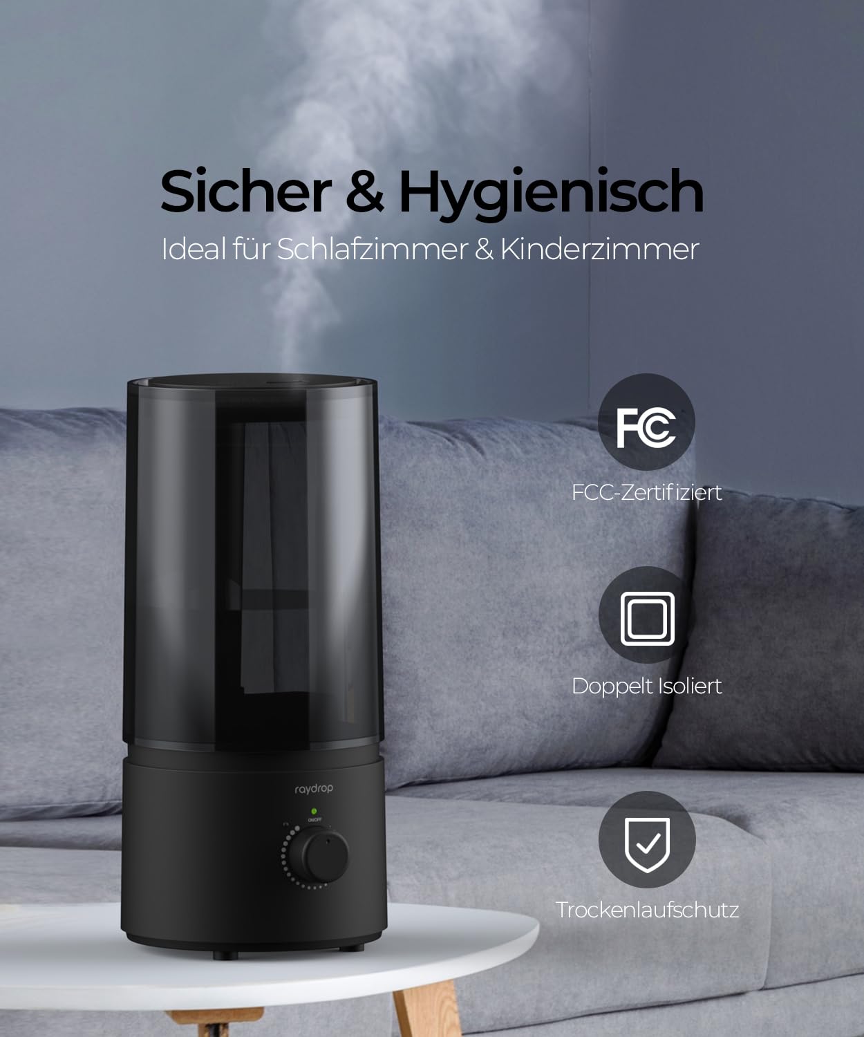 raydrop Humidifier for Bedroom & Children's Room, 1.7 L Quiet & Space-Saving Ultrasonic Room Humidifier for Baby & Plants, Easy to Use & Easy to Clean, Automatic Shut-Off