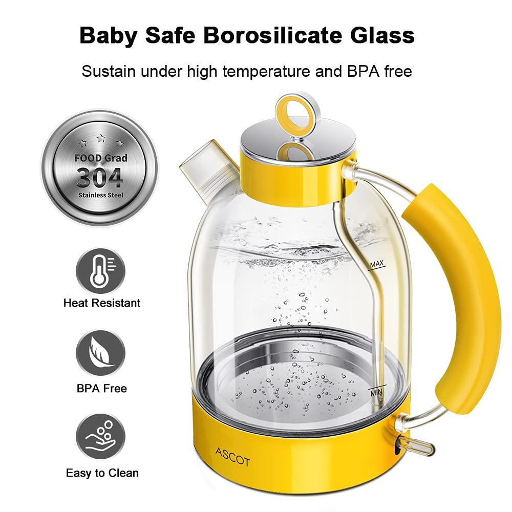 ASCOT Wasserkocher Glas, Elektrischer Wasserkocher Geschenke für Männer/Frauen/Familie 1,5L Schnellkochkessel, Trockengehschutz und automatische Abschaltung (Silber)