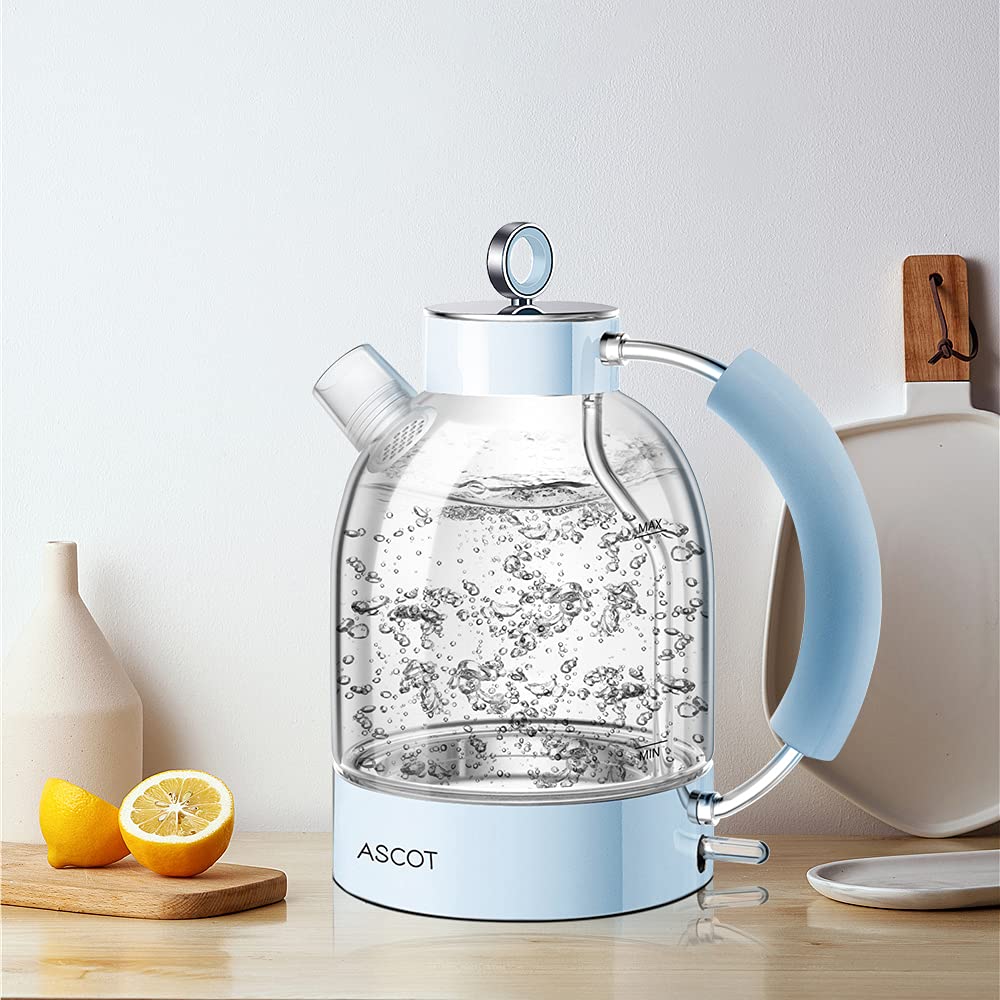 ASCOT Wasserkocher Glas, Elektrischer Wasserkocher Geschenke für Männer/Frauen/Familie 1,5L Schnellkochkessel, Trockengehschutz und automatische Abschaltung (Silber)