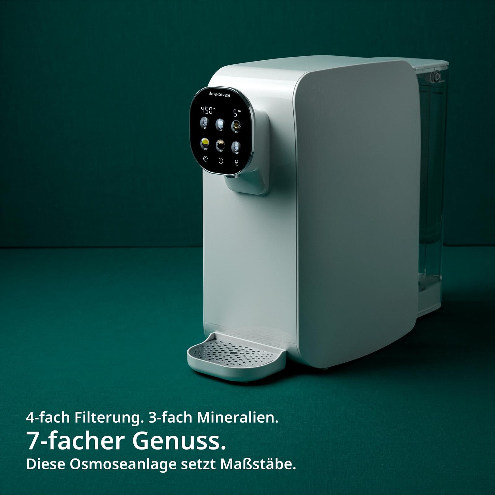 OsmoFresh Auftisch Osmoseanlage Quella Pro Black | mit Heißwasserspender | 6 Temperaturstufen | 7-Fach Umkehrosmose Filterung | Wasserfilter für Küche Büro Wohnmobil | kalkfreies Trinkwasser | UV