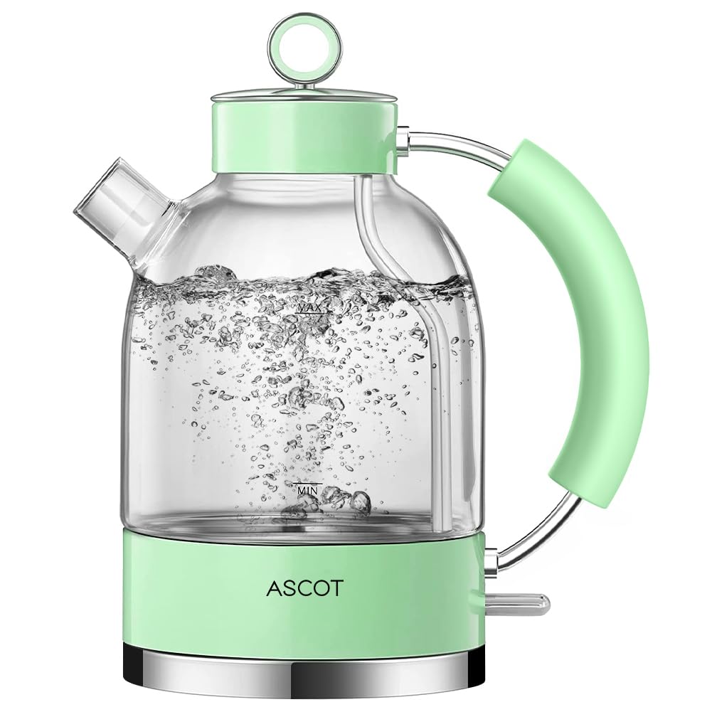 ASCOT Wasserkocher Glas, Elektrischer Wasserkocher Geschenke für Männer/Frauen/Familie 1,5L Schnellkochkessel, Trockengehschutz und automatische Abschaltung (Silber)