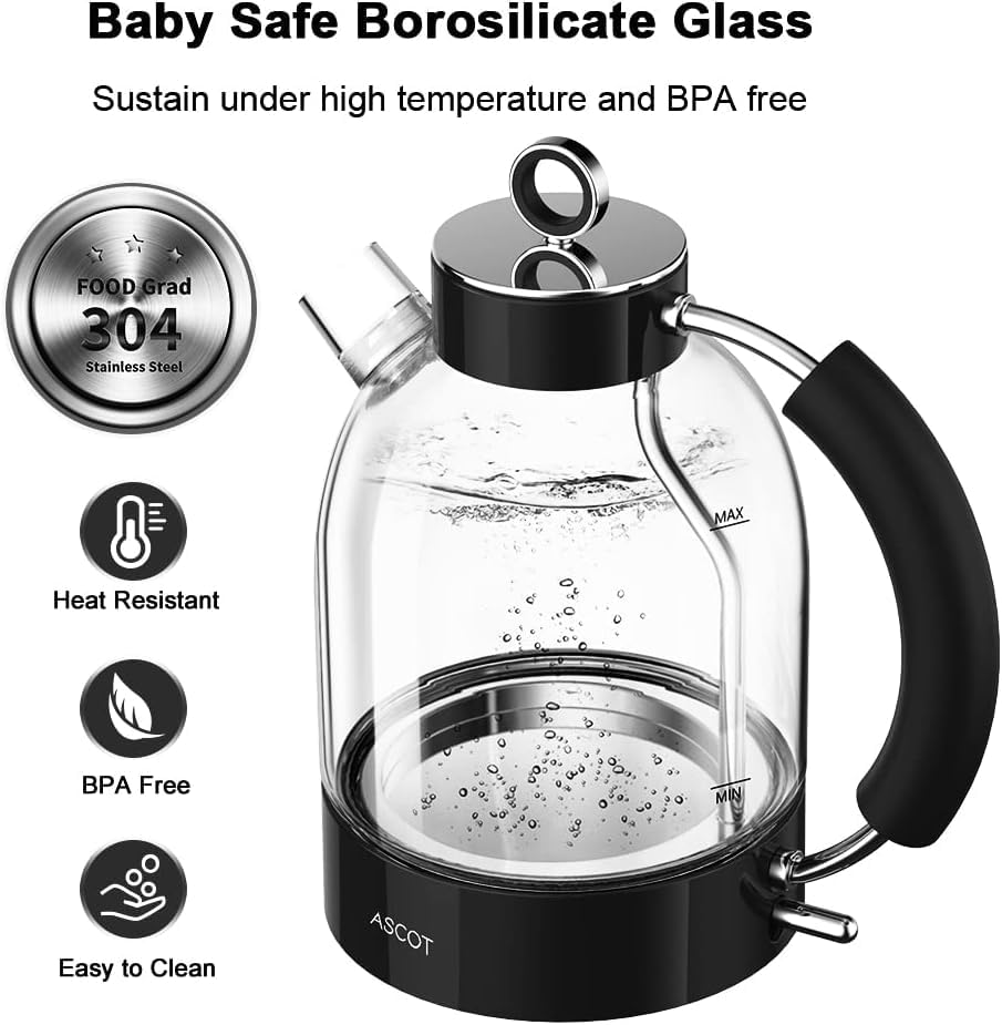 ASCOT Wasserkocher Glas, Elektrischer Wasserkocher Geschenke für Männer/Frauen/Familie 1,5L Schnellkochkessel, Trockengehschutz und automatische Abschaltung (Silber)