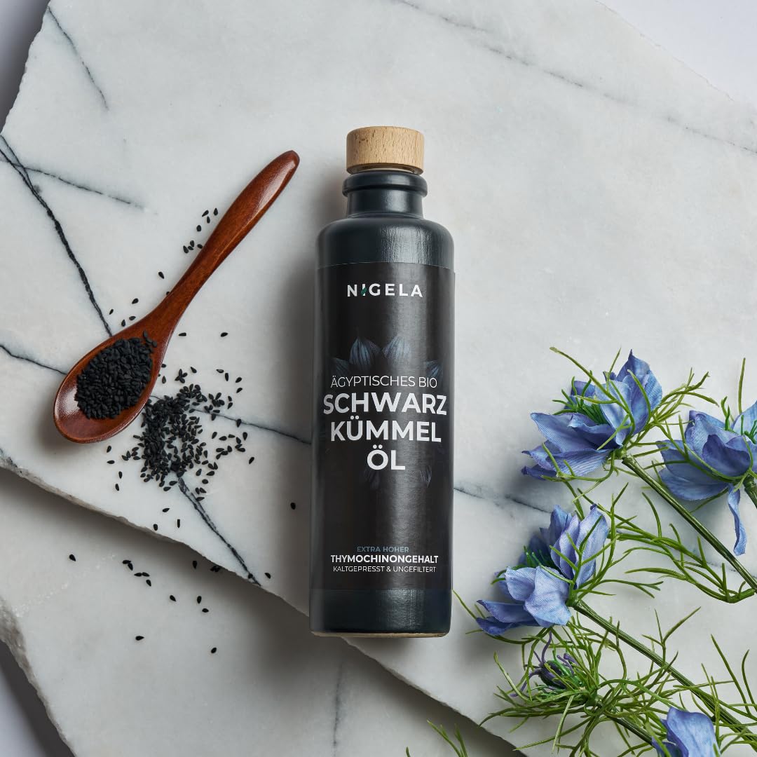 Nigela BIO Schwarzkümmelöl ungefiltert - Ägyptisches Schwarzkümmel Öl mit hohem Thymochinongehalt - In Bayern hergestellt - Zertifiziertes & Laborgeprüftes Black Seed Oil - 200ml