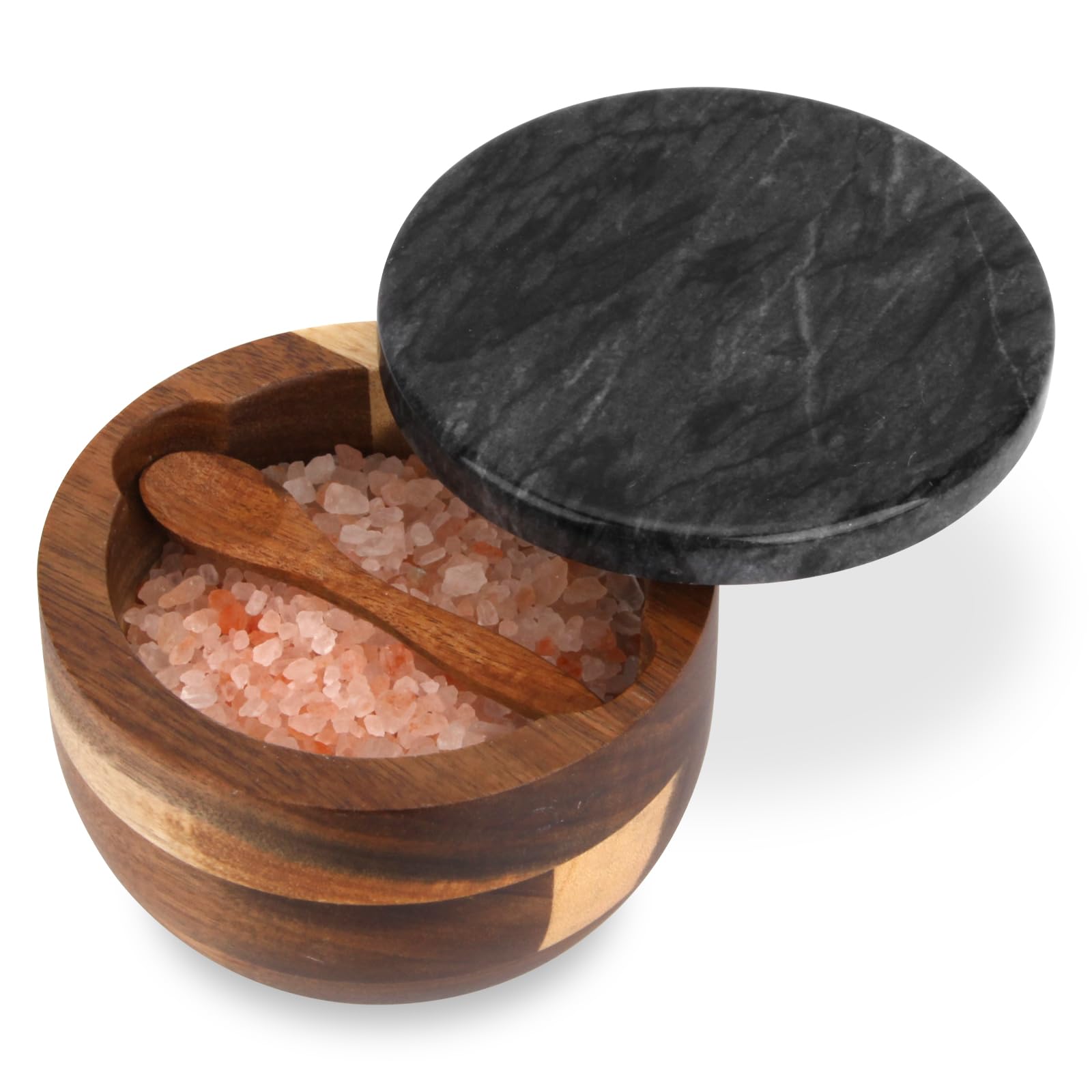 Salzdose Marmor mit Holzdeckel und Löffel Salz- oder Pfefferstreuerschale aus Stein, Salzstreuer, Salzbehälter Gewürzbehälter, Behälter, Behälterhalter, Behälter für die Küche (Schwarze Schüssel)