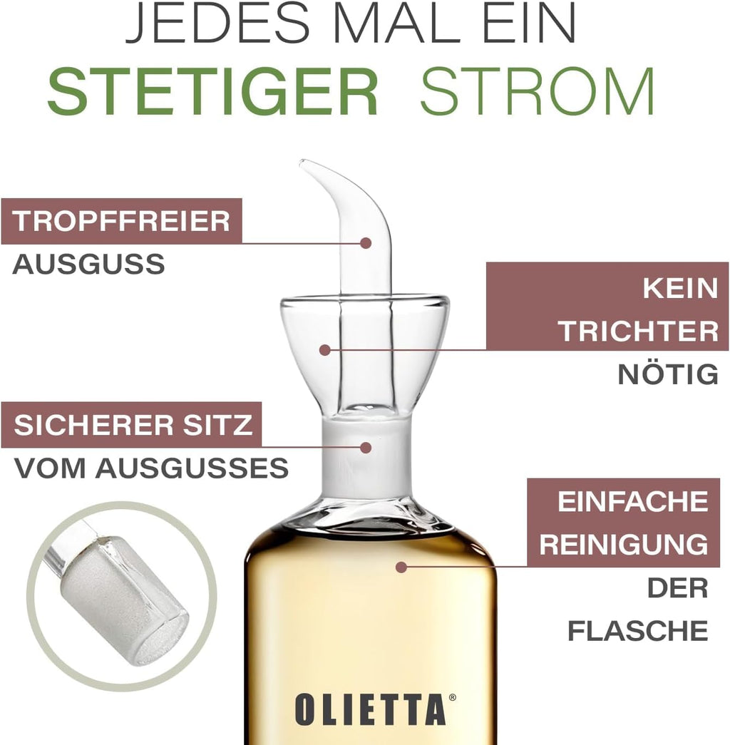 Olietta Ölflasche Tropf- und auslaufsichere aus Glas 500 ml Olivenöl Flasche mit Ausgießer - Ölspender zum Ausgießen & Träufeln - Leicht zu reinigen - Öl Dosierflasche