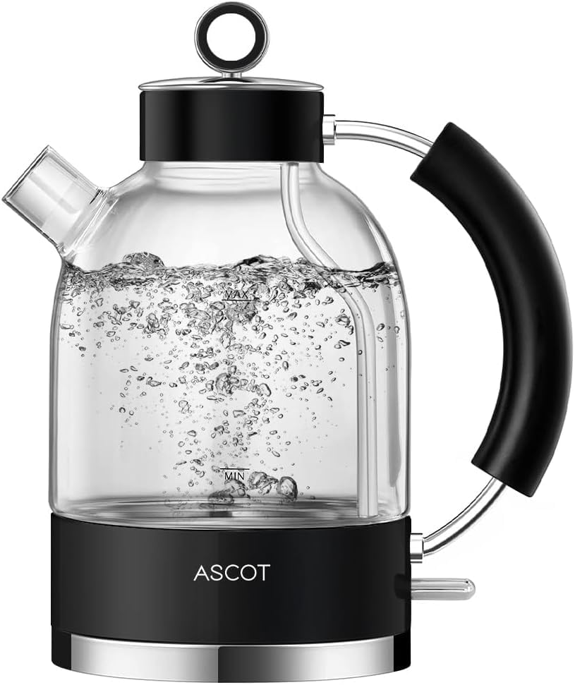 ASCOT Wasserkocher Glas, Elektrischer Wasserkocher Geschenke für Männer/Frauen/Familie 1,5L Schnellkochkessel, Trockengehschutz und automatische Abschaltung (Silber)