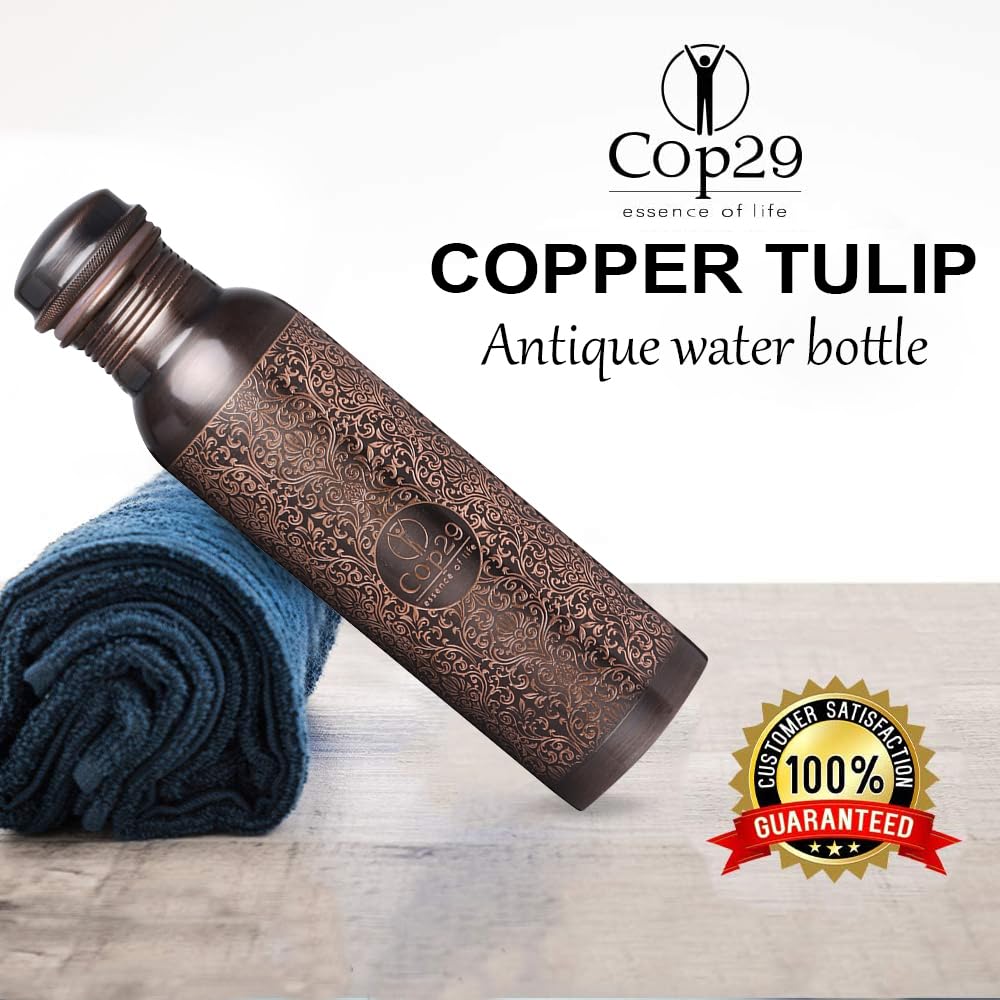 Cop29 handgefertigt graviert Premium Design reines Kupfer Tulpe antike Wasserflasche : Fugenfrei & Auslaufsicher -900ml/30oz