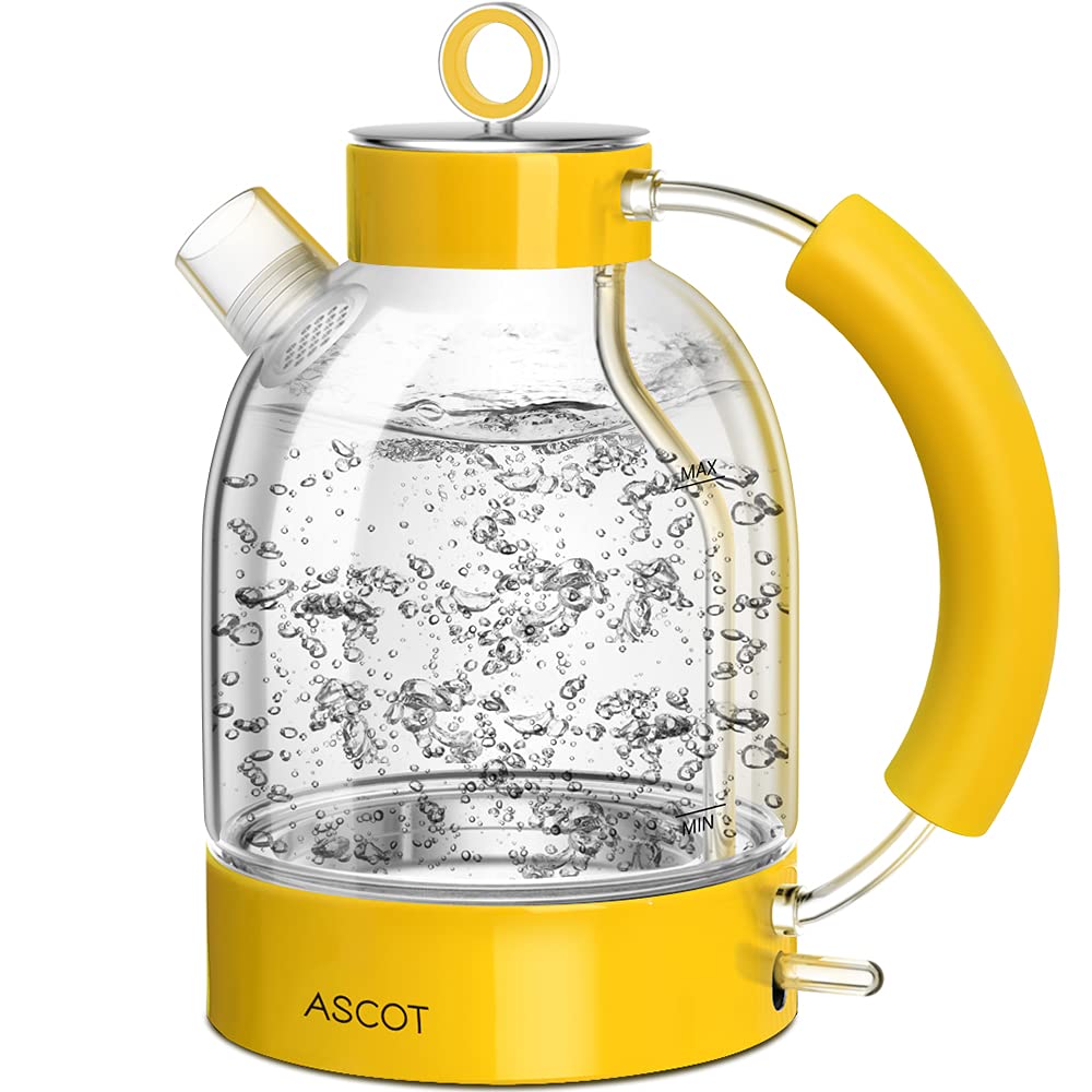 ASCOT Wasserkocher Glas, Elektrischer Wasserkocher Geschenke für Männer/Frauen/Familie 1,5L Schnellkochkessel, Trockengehschutz und automatische Abschaltung (Silber)