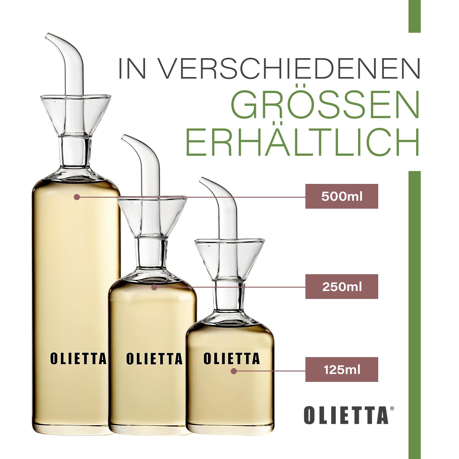 Olietta Ölflasche Tropf- und auslaufsichere aus Glas 500 ml Olivenöl Flasche mit Ausgießer - Ölspender zum Ausgießen & Träufeln - Leicht zu reinigen - Öl Dosierflasche