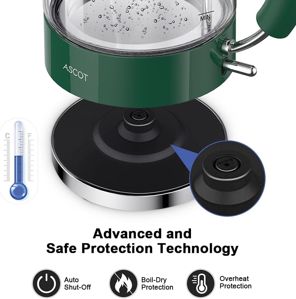 ASCOT Wasserkocher Glas, Elektrischer Wasserkocher Geschenke für Männer/Frauen/Familie 1,5L Schnellkochkessel, Trockengehschutz und automatische Abschaltung (Silber)