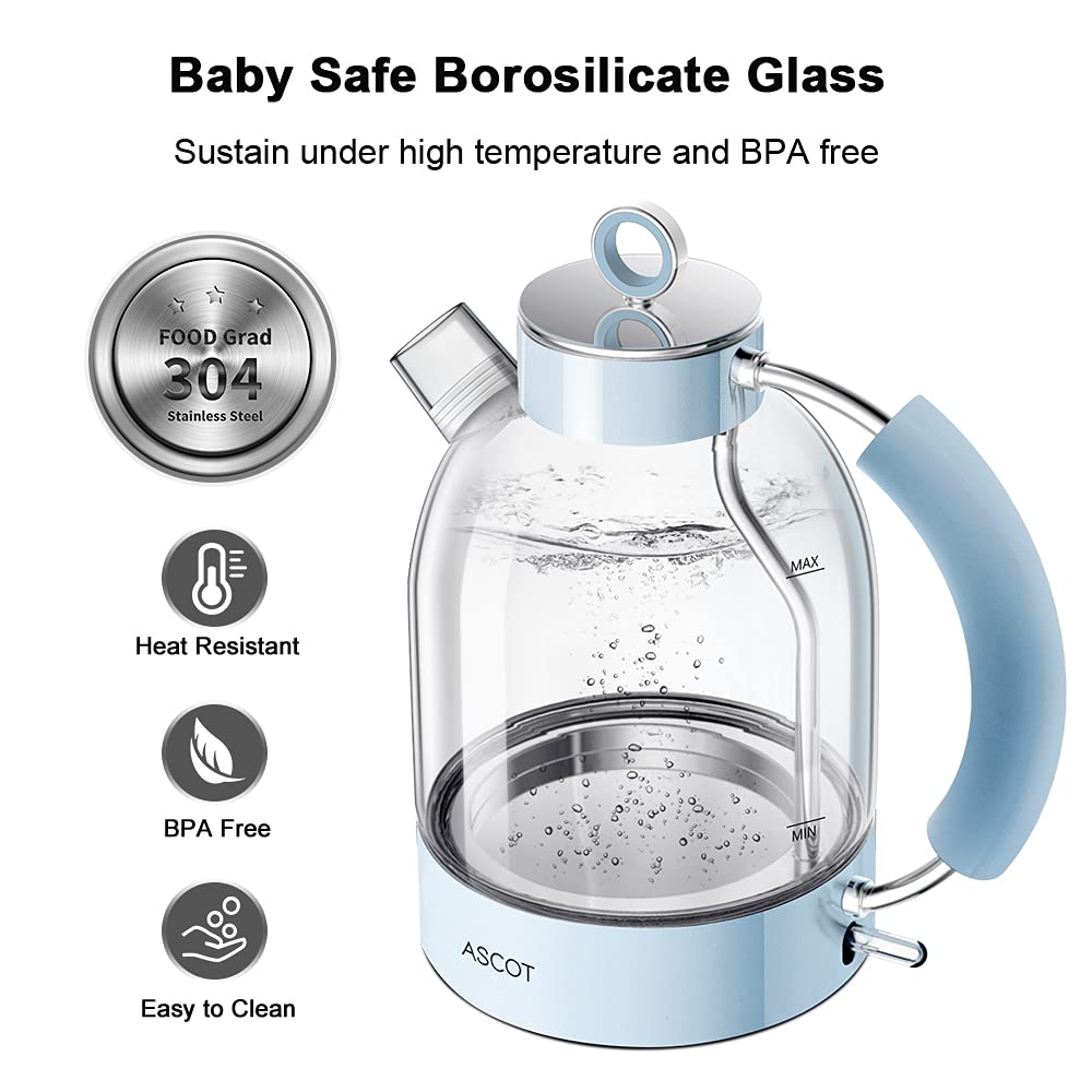 ASCOT Wasserkocher Glas, Elektrischer Wasserkocher Geschenke für Männer/Frauen/Familie 1,5L Schnellkochkessel, Trockengehschutz und automatische Abschaltung (Silber)