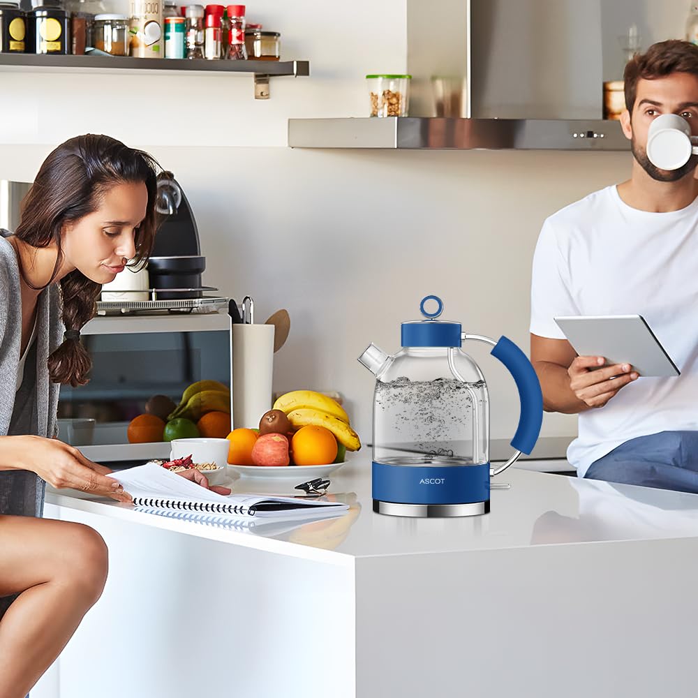 ASCOT Wasserkocher Glas, Elektrischer Wasserkocher Geschenke für Männer/Frauen/Familie 1,5L Schnellkochkessel, Trockengehschutz und automatische Abschaltung (Silber)