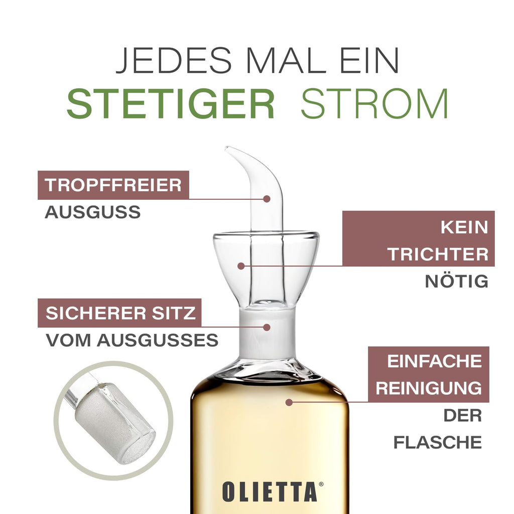 Olietta Ölflasche Tropf- und auslaufsichere aus Glas 500 ml Olivenöl Flasche mit Ausgießer - Ölspender zum Ausgießen & Träufeln - Leicht zu reinigen - Öl Dosierflasche