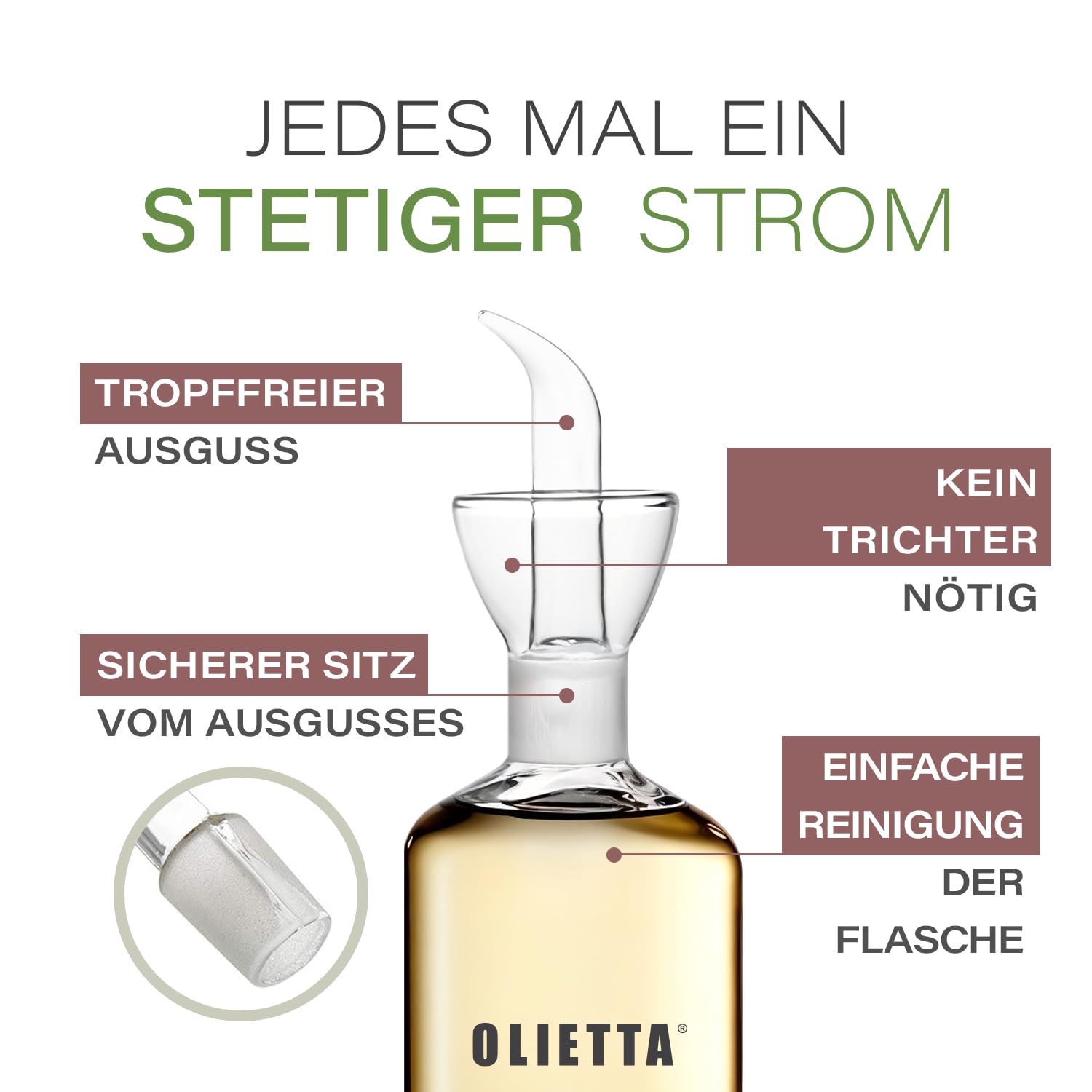 Olietta Ölflasche Tropf- und auslaufsichere aus Glas 500 ml Olivenöl Flasche mit Ausgießer - Ölspender zum Ausgießen & Träufeln - Leicht zu reinigen - Öl Dosierflasche