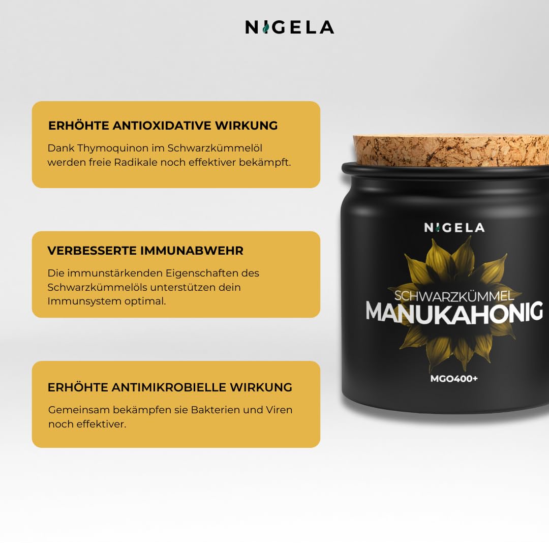 Nigela Manuka Honey MGO 400+ with Black Cumin Oil - Real Wound Healing Honey with High Thymoquinone Content - Certified & Laboratory Tested Manuka Honey from New Zealand - 160 g