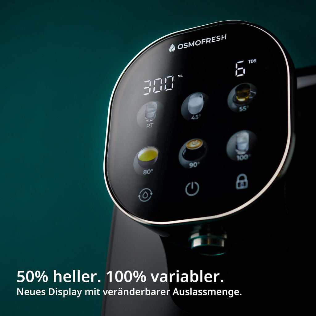OsmoFresh Auftisch Osmoseanlage Quella Pro Black | mit Heißwasserspender | 6 Temperaturstufen | 7-Fach Umkehrosmose Filterung | Wasserfilter für Küche Büro Wohnmobil | kalkfreies Trinkwasser | UV