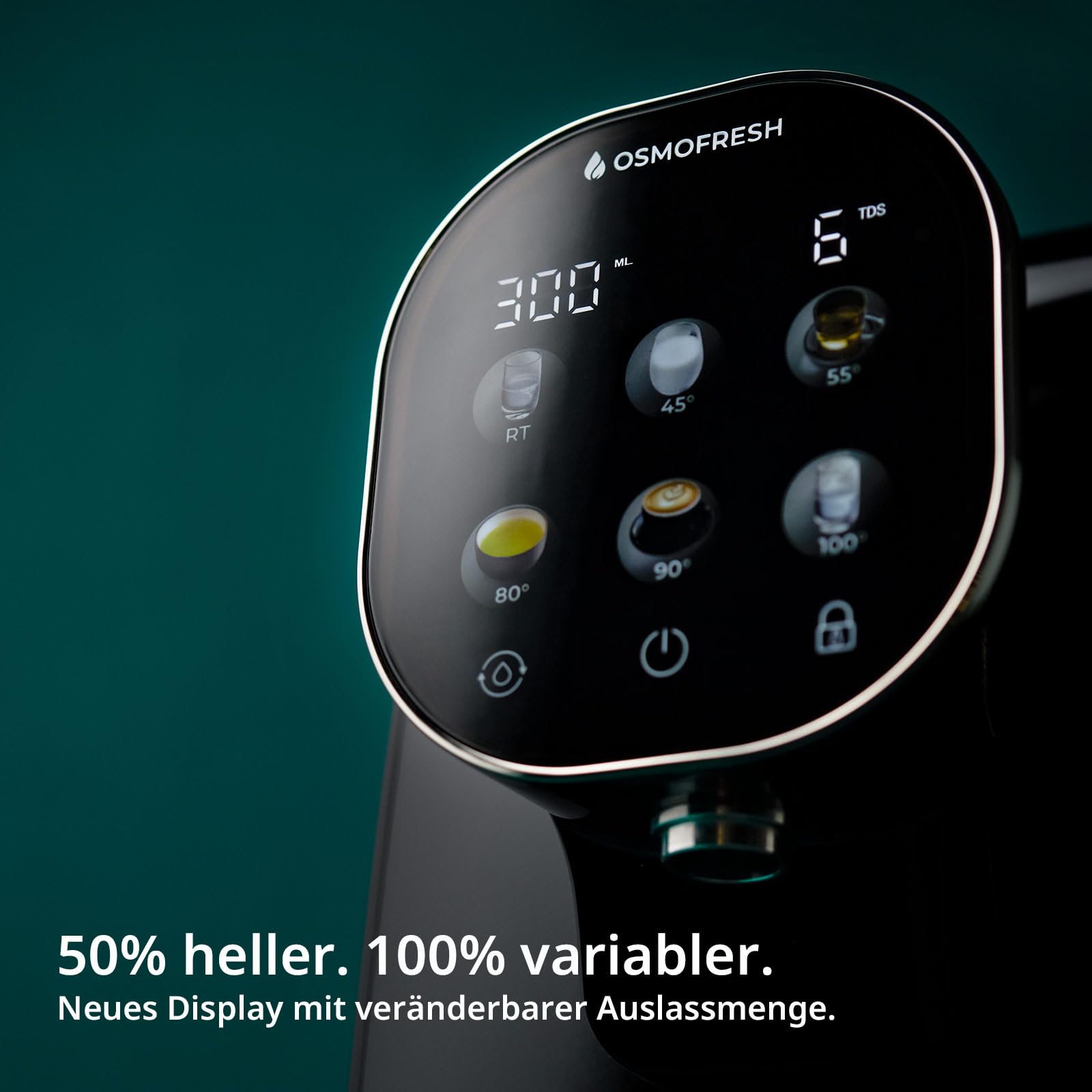 OsmoFresh Auftisch Osmoseanlage Quella Pro Black | mit Heißwasserspender | 6 Temperaturstufen | 7-Fach Umkehrosmose Filterung | Wasserfilter für Küche Büro Wohnmobil | kalkfreies Trinkwasser | UV