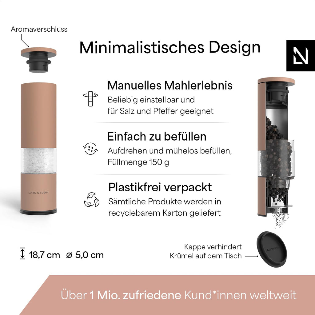 LARS NYSØM Salz und Pfeffermühle Set Manuell mit einstellbarem Keramikmahlwerk I Edelstahl Pfeffermühle und Salzmühle I Design Gewürzmühlen Set (2 Stück) (Carbon Black)