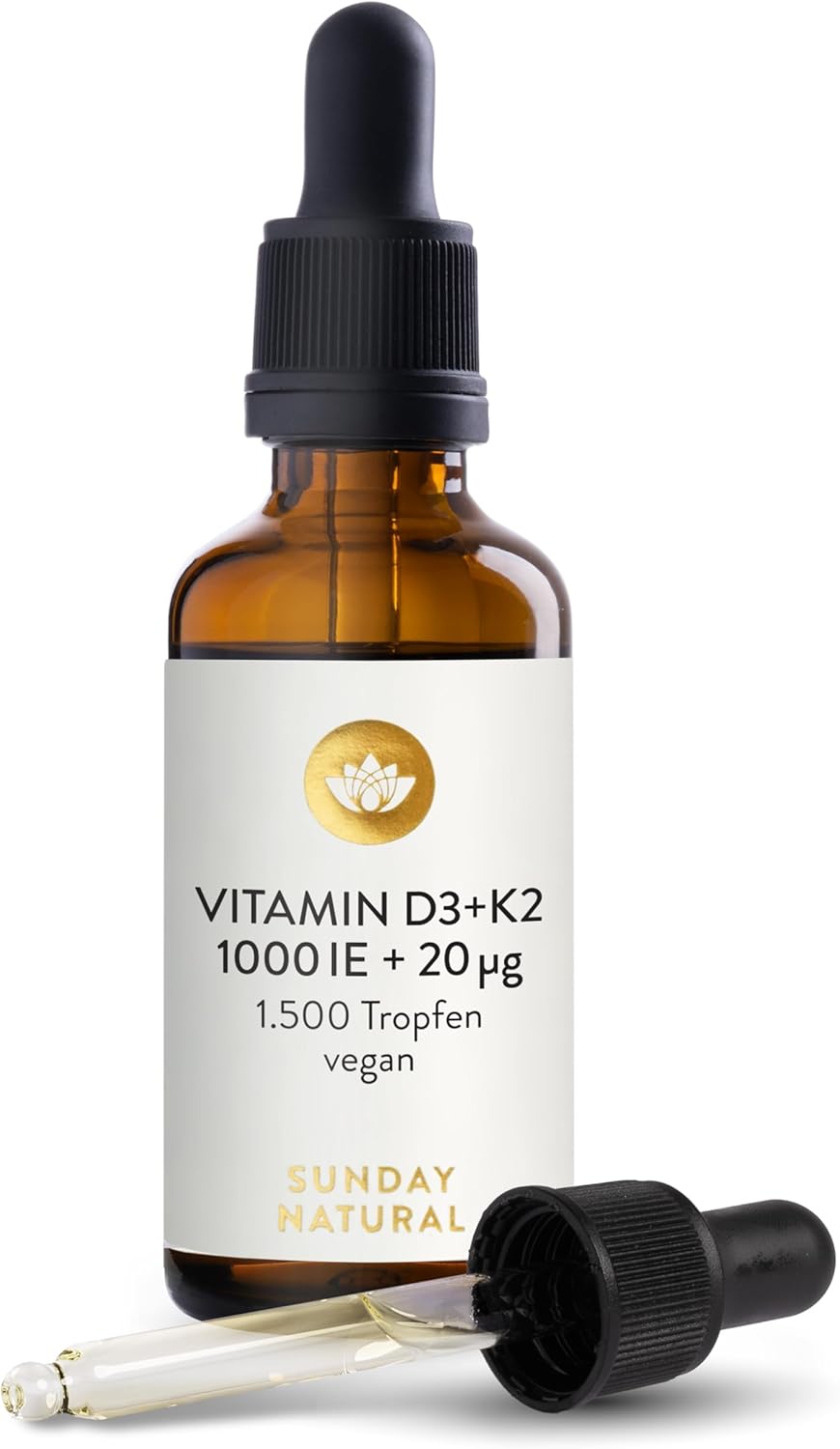 SUNDAY NATURAL Vitamin D3 K2 Drops High Dose - Vegan - Premium Vitamin D 3 1,000 IU + K2-MK7 ≥99.8% All-Trans 20µg - Optimal Bioavailability, No Other Additives, Laboratory Tested