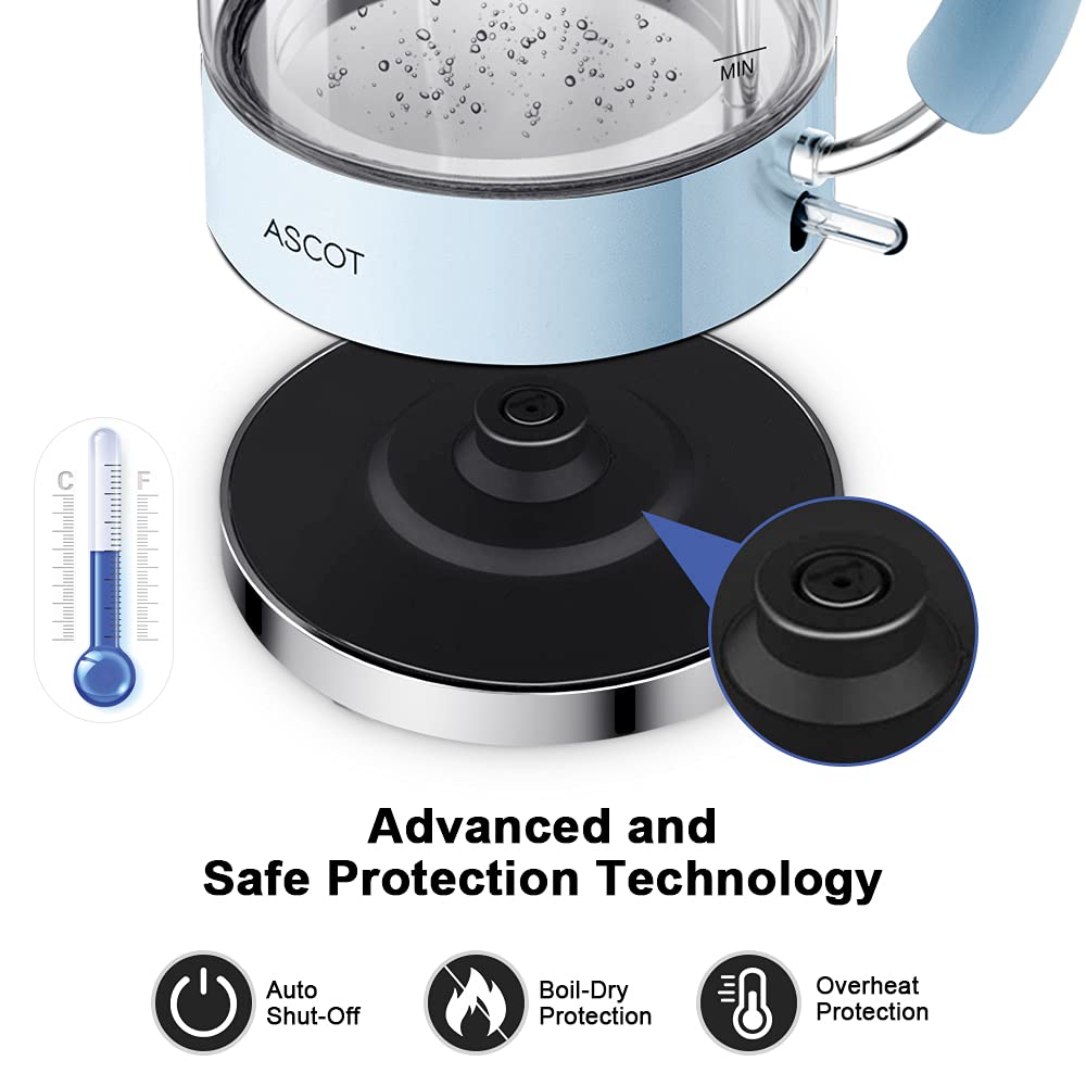 ASCOT Wasserkocher Glas, Elektrischer Wasserkocher Geschenke für Männer/Frauen/Familie 1,5L Schnellkochkessel, Trockengehschutz und automatische Abschaltung (Silber)