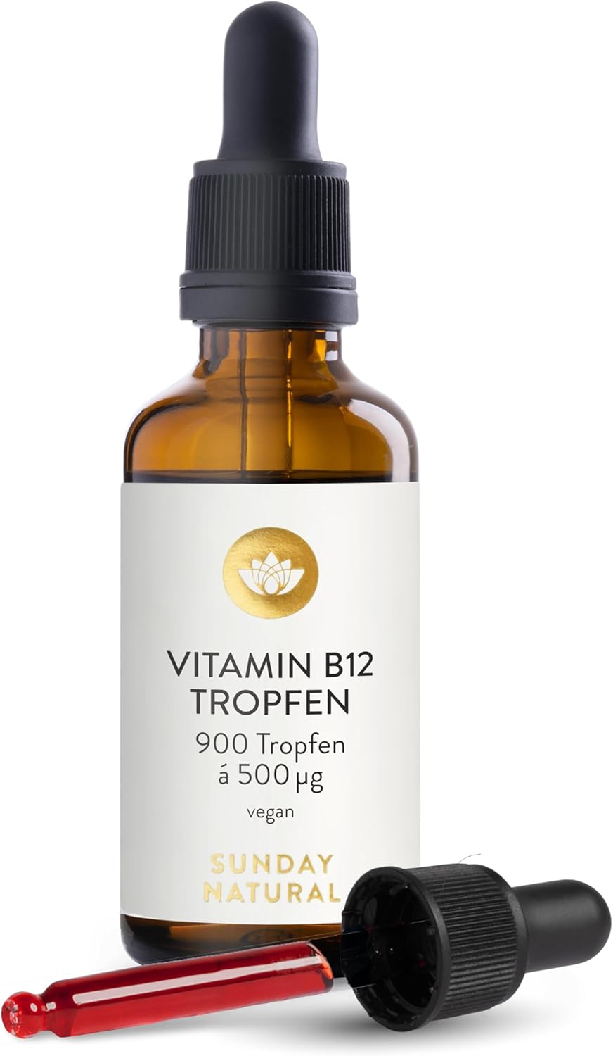 SUNDAY NATURAL® Vitamin B12 hochdosiert - 500 µg pro Vitamin B12 Tropfen – Bioaktive Formen B12 Methylcobalamin + Adenosylcobalamin – 900 Tropfen – Laborgeprüft, vegan, ohne unnötige Zusätze