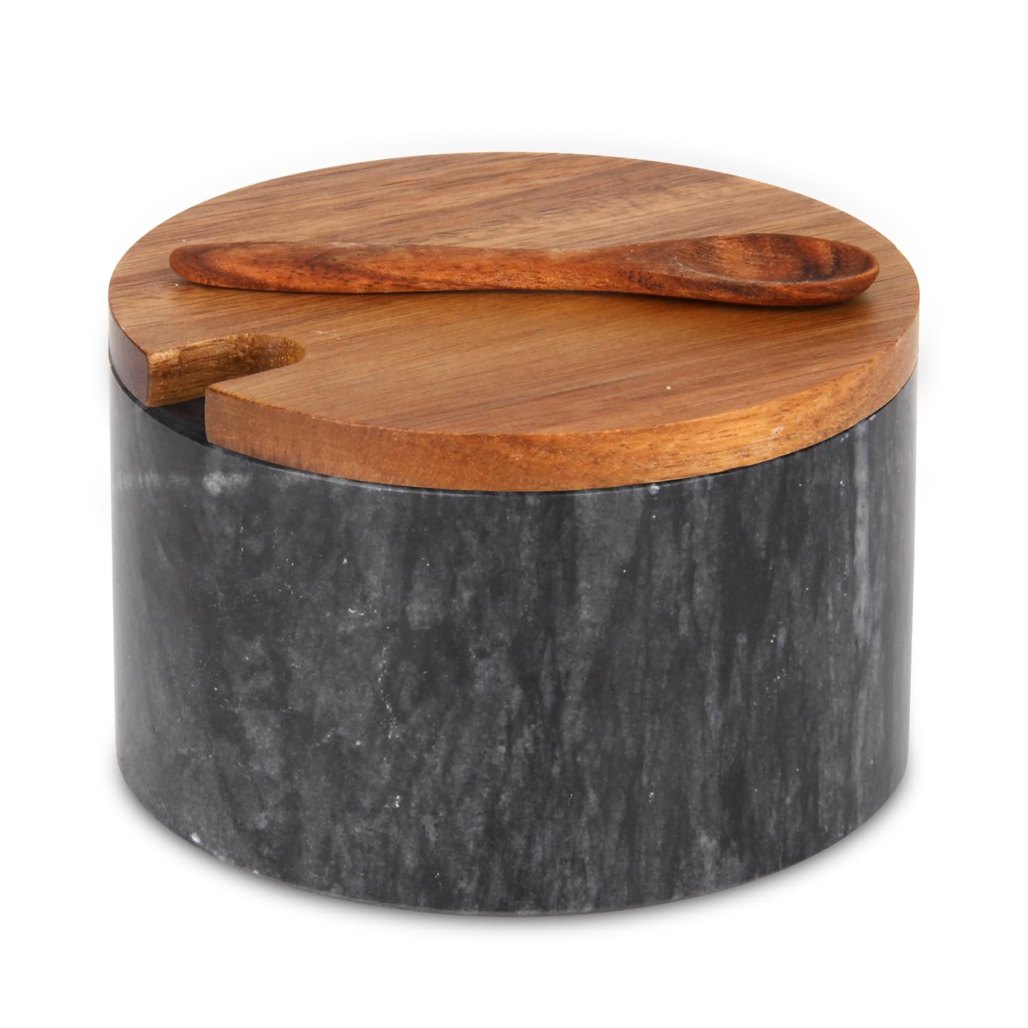 Salzdose Marmor mit Holzdeckel und Löffel Salz- oder Pfefferstreuerschale aus Stein, Salzstreuer, Salzbehälter Gewürzbehälter, Behälter, Behälterhalter, Behälter für die Küche (Schwarze Schüssel)