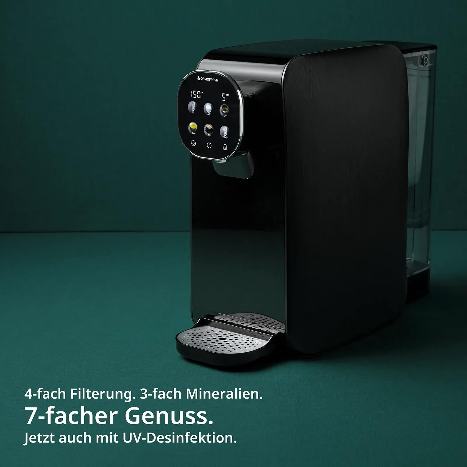 OsmoFresh Auftisch Osmoseanlage Quella Pro Black | mit Heißwasserspender | 6 Temperaturstufen | 7-Fach Umkehrosmose Filterung | Wasserfilter für Küche Büro Wohnmobil | kalkfreies Trinkwasser | UV