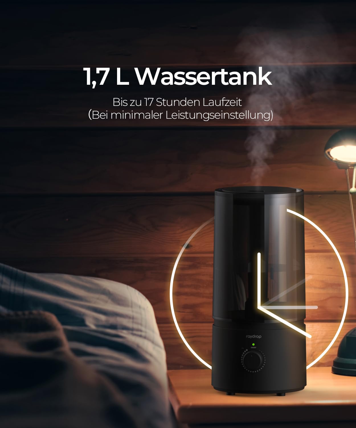 raydrop Humidifier for Bedroom & Children's Room, 1.7 L Quiet & Space-Saving Ultrasonic Room Humidifier for Baby & Plants, Easy to Use & Easy to Clean, Automatic Shut-Off