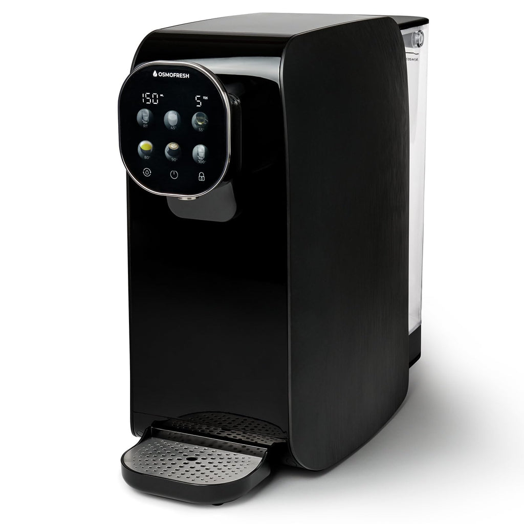 OsmoFresh Auftisch Osmoseanlage Quella Pro Black | mit Heißwasserspender | 6 Temperaturstufen | 7-Fach Umkehrosmose Filterung | Wasserfilter für Küche Büro Wohnmobil | kalkfreies Trinkwasser | UV