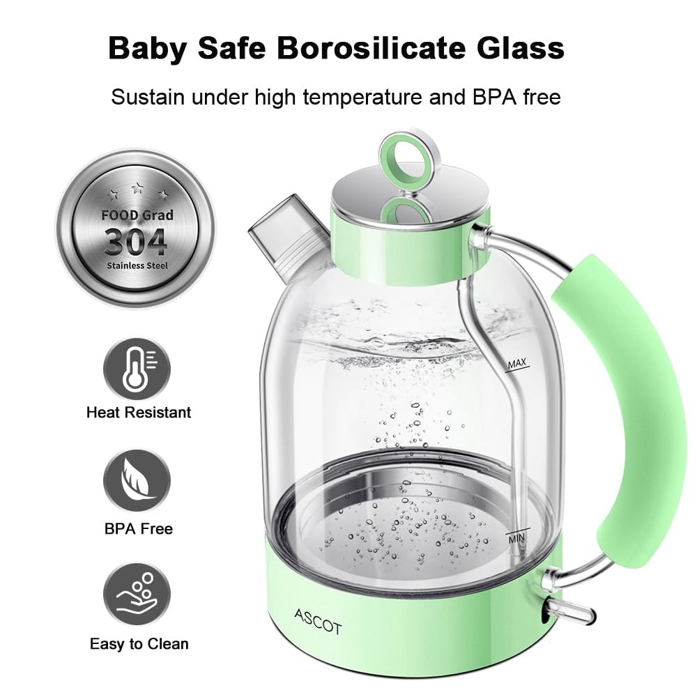 ASCOT Wasserkocher Glas, Elektrischer Wasserkocher Geschenke für Männer/Frauen/Familie 1,5L Schnellkochkessel, Trockengehschutz und automatische Abschaltung (Silber)