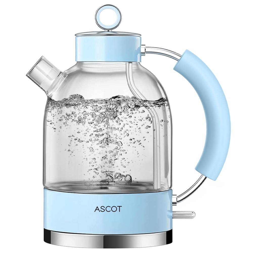 ASCOT Wasserkocher Glas, Elektrischer Wasserkocher Geschenke für Männer/Frauen/Familie 1,5L Schnellkochkessel, Trockengehschutz und automatische Abschaltung (Silber)