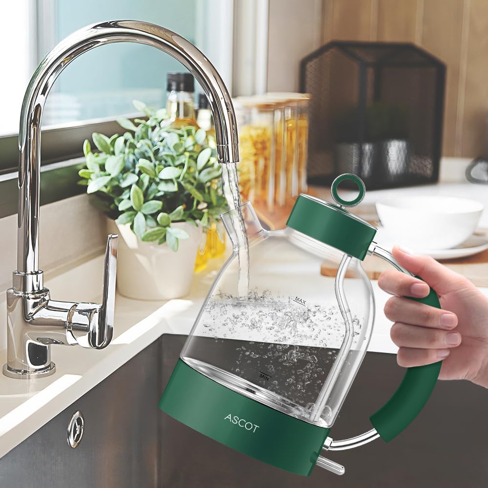 ASCOT Wasserkocher Glas, Elektrischer Wasserkocher Geschenke für Männer/Frauen/Familie 1,5L Schnellkochkessel, Trockengehschutz und automatische Abschaltung (Silber)