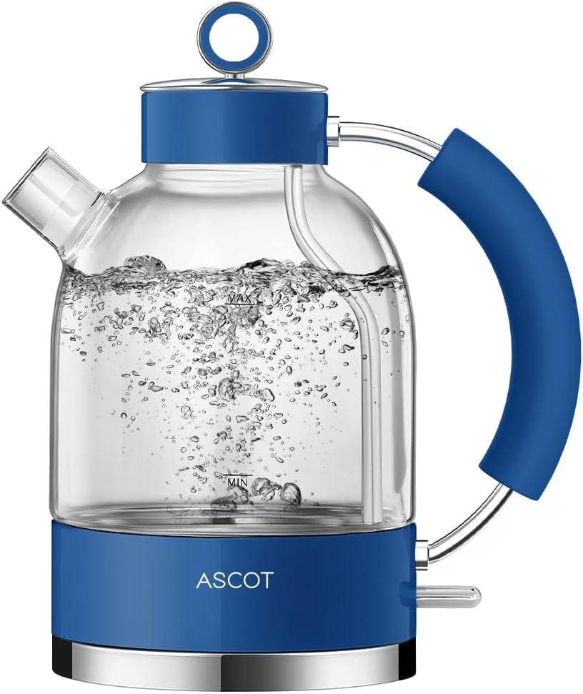 ASCOT Wasserkocher Glas, Elektrischer Wasserkocher Geschenke für Männer/Frauen/Familie 1,5L Schnellkochkessel, Trockengehschutz und automatische Abschaltung (Silber)