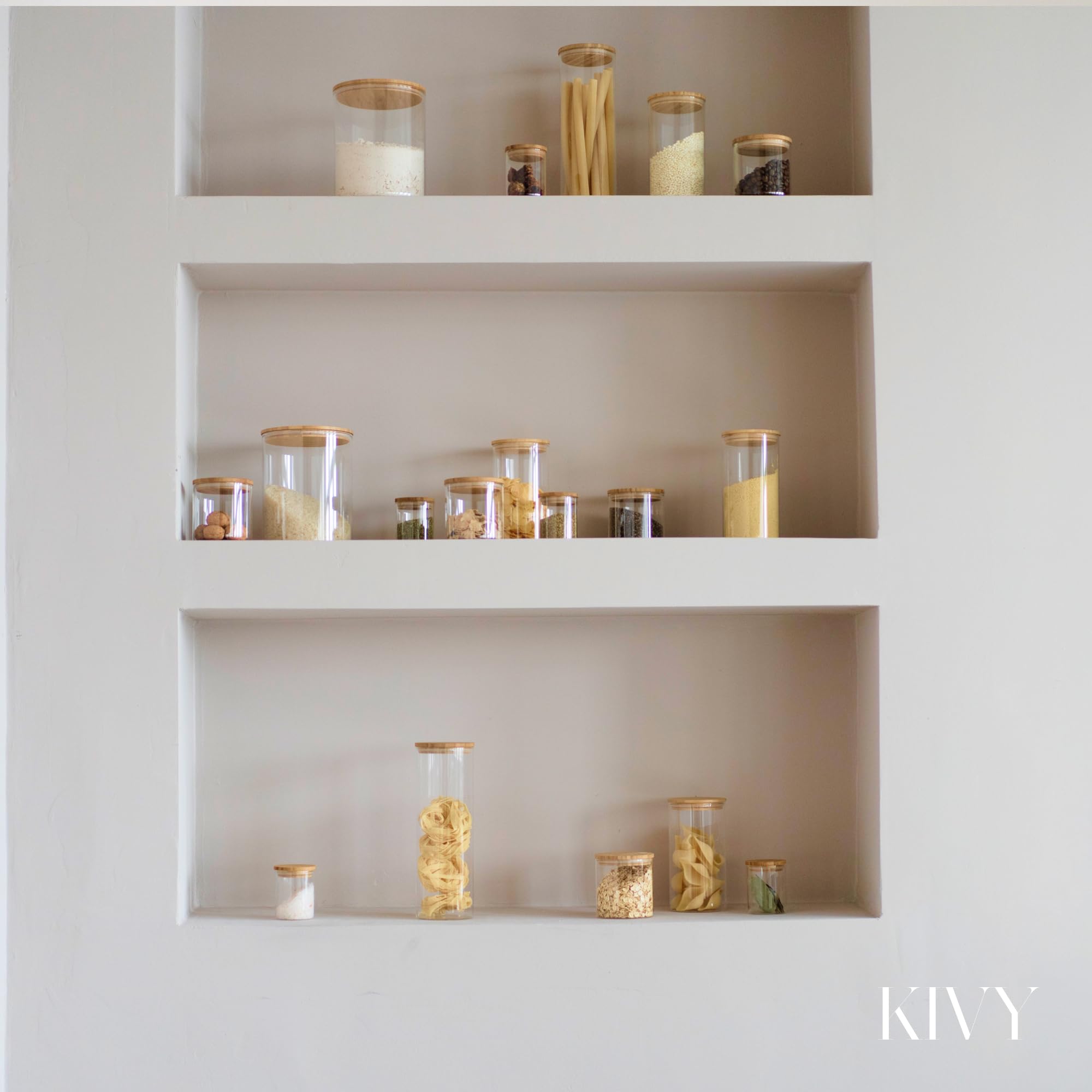 KIVY Vorratsgläser mit Deckel Luftdicht [4x 1200ml] - Vorratsdosen Glas mit Deckel - Glasbehälter mit Deckel - Müsli Aufbewahrung Küche - Vorratsglas mit Holzdeckel - Vorratsbehälter Glas Bambus