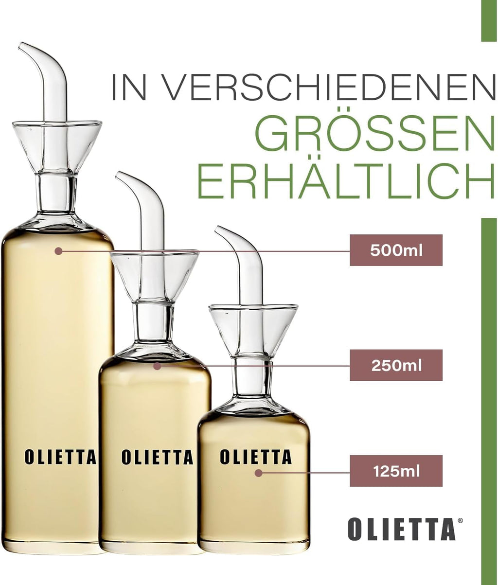 Olietta Ölflasche Tropf- und auslaufsichere aus Glas 500 ml Olivenöl Flasche mit Ausgießer - Ölspender zum Ausgießen & Träufeln - Leicht zu reinigen - Öl Dosierflasche