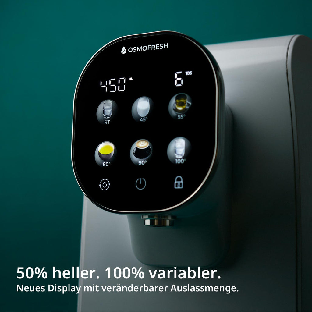 OsmoFresh Auftisch Osmoseanlage Quella Pro Black | mit Heißwasserspender | 6 Temperaturstufen | 7-Fach Umkehrosmose Filterung | Wasserfilter für Küche Büro Wohnmobil | kalkfreies Trinkwasser | UV